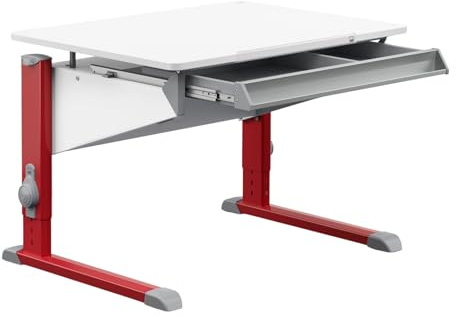 Moll Bandit Kinderschreibtisch höhenverstellbar | mitwachsend, ergonomisch & neigbar für aufrechtes Sitzen | ideal für Schulkinder | Schreibtisch weiß (mit Schublade, Rot, 90cm x 70,5cm)