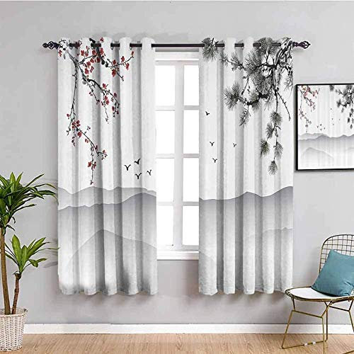 LWXBJX Blickdicht vorhang für Schlafzimmer - Chinesischer Stil Tinte und Waschung Pflaumenblüte Landschaft - 3D Druckmuster Öse thermisch isoliert - 234 x 230 cm - 90% blickdicht vorhang für Kinder Ju