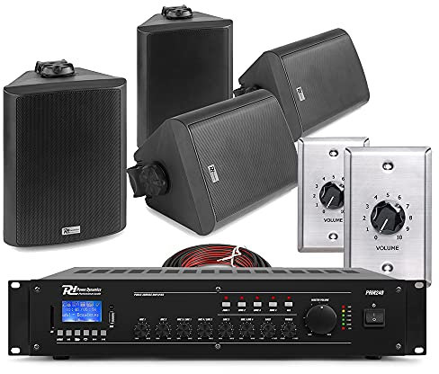 Power Dynamics 2-Zone Wall Mounted Speaker System - 4x Black BC65V Weatherproof Speakers, Bluetooth Mixer Amplifier & Zone Volume Controls for Background Music