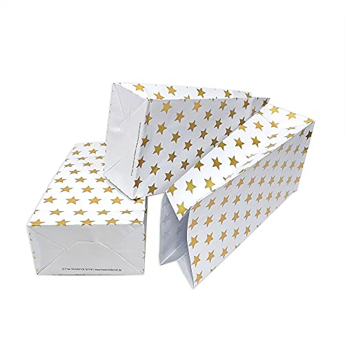 Frau WunderVoll® 12 Papiertüten mit Boden,weiß, Gold Sterne, 12x7x24cm/Blockbodenbeutel,Tüte,Papierbeutel,Papiertüte, Geschenktüte, Geschenkbeutel,Gastgeschenk,Hochzeit,Mitgebseltüte,Falttasche