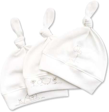 For Babies - 3 Stück Set Erstlingsmütze Bio-Baumwolle Baby Neugeborene Mütze mit Knoten (Schäfchen+Schnecke+Storch, 0-3 Monate)