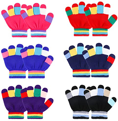 QKURT 6 Paare Kinder Winterhandschuhe Vollfinger Strickhandschuhe Warme Streifenhandschuhe für Mädchen Jungen, 2-5 Jahre Alt