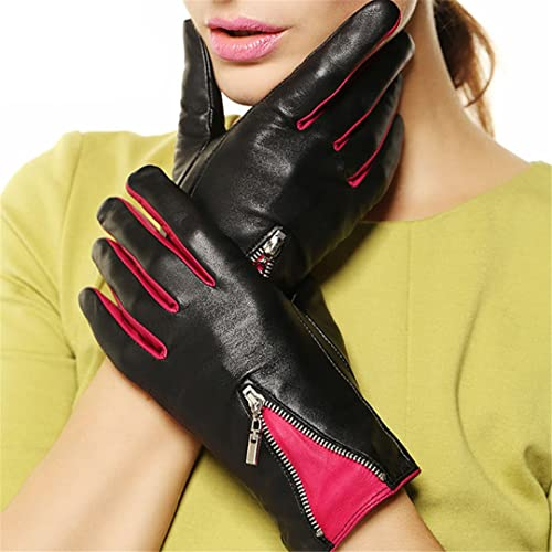 Schaffell-Handschuhe für Damen, Winter, modisch, warm, kurze Lederhandschuhe, Reißverschluss, Kontrastfarbe