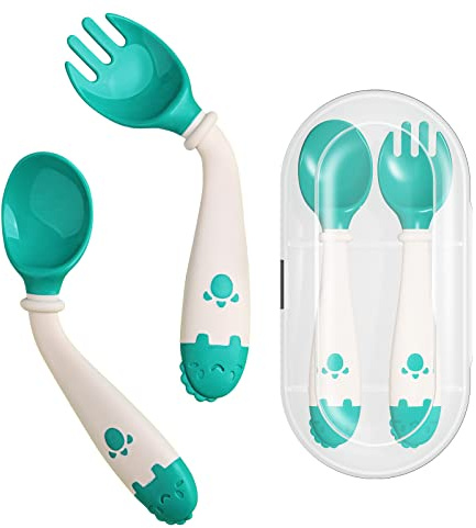 Deejoy Toddler Utensils, Self-feeding Flatware Set withTravel Case, Baby Spoons and Forks with Silicone Bendable Handle, Easy Grip Heat-Resistant, Ideal for Kids, Stage 2 Green