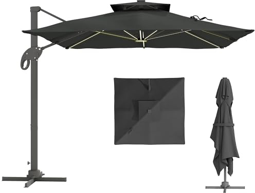 Outsunny 3 x 3(m) Cantilever Roma Parasol Garden Sun Umbrella, Two-tier 250g Polyester Sun Shade with LED Solar Light, Aluminium Frame, Cross Base 360° Rotating Dark Grey