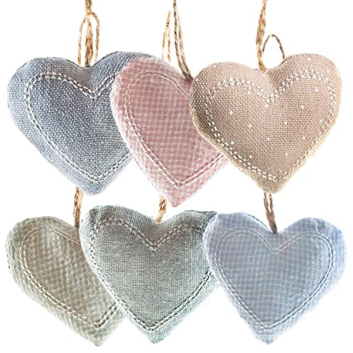 Logbuch-Verlag 6 heart pendants made of fabric in pastel colours, hearts with cord for hanging, decorative Easter shrub, Mother's Day, wedding