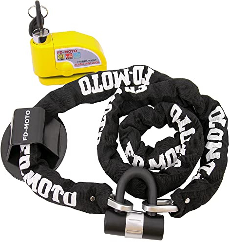FD-Moto Chain Lock + Yellow Alarm Brake Disc Lock + Ground Anchor (2 Bolts) | 2M*10mm Black/White Steel Heavy Duty for Motorbike Motorcycle Scooter Bike Bicycle