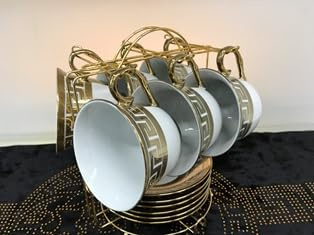 Service à café en porcelaine pour 6 personnes, 13 tasses à café latte cappuccino, support en métal Medusa Meandre 6 tasses + 6 soucoupes
