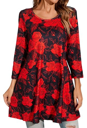 Enmain Women Tunic Top 3/4 Sleeve Flower Printed Long Shirts Casual Round Neck Ladies Longline Blouses Pluse Size Shirts for Daily Black/Red XXXL