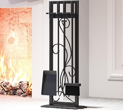 Kingson Lot de 5 outils de cheminée en fer forgé avec support robuste, pelle pratique, pince, tisonnier et cheminée d'extérieur - Noir