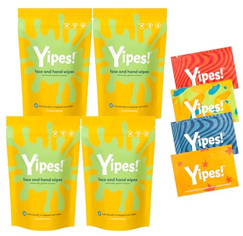 Yipes! Toallitas húmedas compostables para piel sensible para niños, envueltas individualmente, imprescindibles para el aula, artículos esenciales de viaje, para mochilas, loncheras, suministros para
