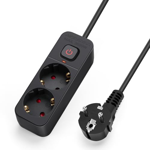 Aigostar Steckdosenleiste 2 fach mit Schalter, Mehrfachsteckdose mit Kindersicherung, Verteilersteckdose mit 5 m Kabel, Schwarz