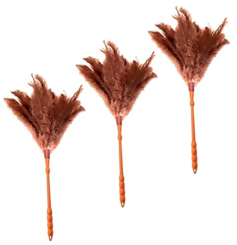 AC – Pack de 3 plumeros de Avestruz Maxi Torneado - Fabricado en Resistente Plástico - Mango Torneado - Ligero y Duradero - Plumas Suaves, Lavable, Limpieza de Polvo - 60 cm de Longitud - Color Marrón