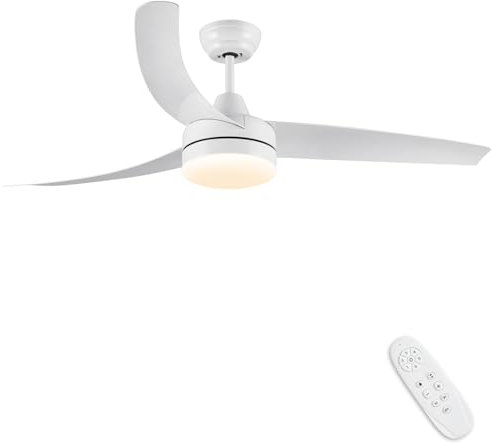 CJOY Ventilatore da Soffitto con Luce e Telecomando, 132cm Ventilatore da Soffitto Bianco Brillante Reversible Motore CC Ventilatores da Soffitto Dimmerabile LED, 3 Temperature di Colore, Timer
