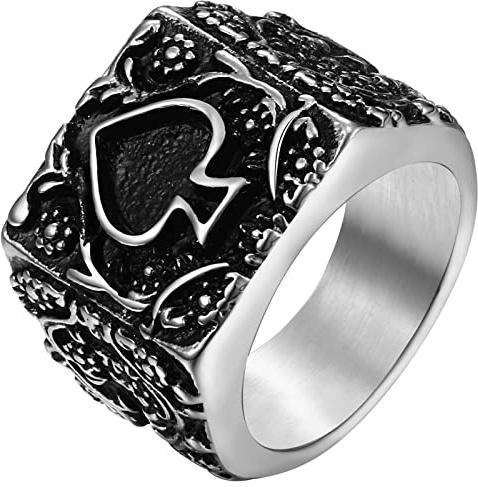 JewelryWe Schmuck Herren-Ring Edelstahl Vintage Gothic Pik Ass Poker Herz Ring Siegelringe Biker Tribal Männer Ringe Bandringe Gravur, Silber Größe 54 bis 67