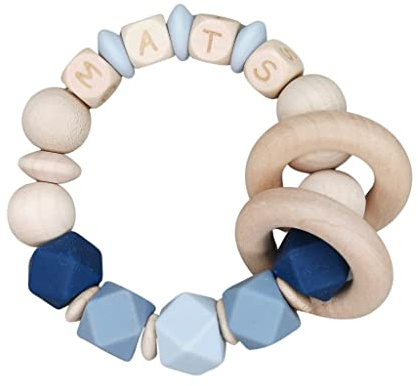 Tanja Schulz Shop | Greifring Motorikspielzeug Greifling Rassel | Geschenk zur Geburt | Babygeschenk | aus Holzperlen | personalisiert mit Namen