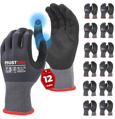 Mustbau 12 Paires Gants de Travail à Écran Tactile, Gants Nitrile Résistants à l'Abrasion, Excellente Préhension Convient pour Jardinage, Mécanique, Chantier (Gris,S)