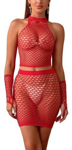 Bommi Fairy Ensemble de lingerie pour femmes - Ensemble exotique en filet - Débardeur en maille + Jupe drapée + Chaussettes sexy - Robe courte mini à découpes (Rouge)