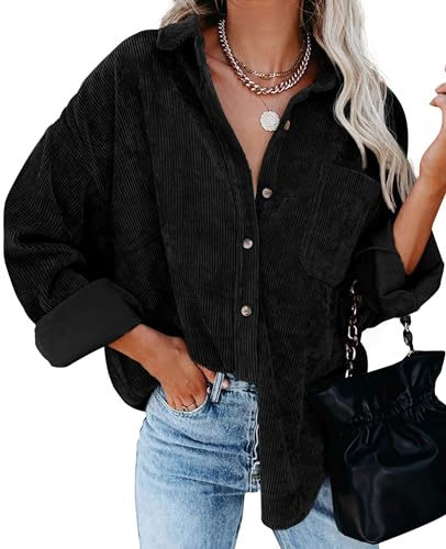QIXING Womens Corduroy Oversized Shacket Button Down Boyfriend Shirts V Neck Cotton Long Sleeve Blouses with Pocket Casual Work Jacket for Women UK Ladies Tops Autumn Winter (Black, L)