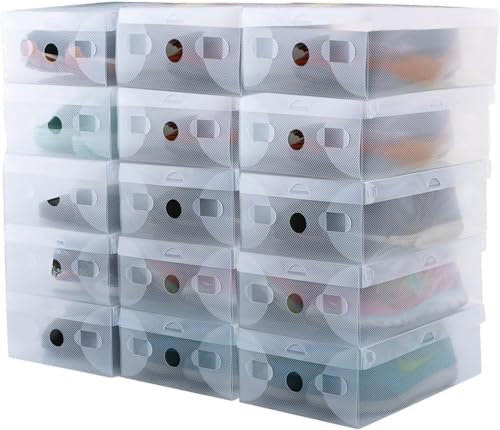 Greenfields Pack of 20 - Stackable Shoe Boxes Clear Plastic Shoe Storage Organiser with Lids - Men and Womens Shoes with Easy Assembly - Foldable Sneaker Storage - Fits upto UK Size 7