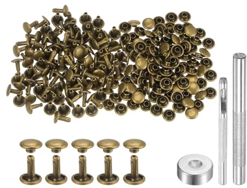 QUARKZMAN 100 Ensembles de Rivets en Cuir 8 x 7 mm, Attaches à Double Capuchon en Métal, Attaches Pression, avec 3 Outils de Pose, pour Projets d'Artisanat en Cuir, Couleur Bronze