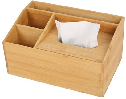 Taschentuchbox aus Bambus, Tuchspender mit Deckel mit 3 Fächern für Schreibwaren Fernbedienung Taschentuchspender, Tissue Box Aufbewahrungsbox für Zuhause Büro