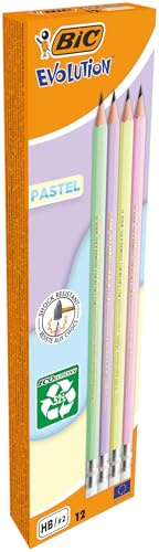 BIC Evolution Pastel Graphite Pencils with Eraser and Shock-Resistant HB Lead - 4 Different Barrel Colours, Pack of 12