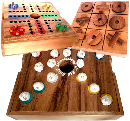 Pig Hole Schweinchenspiel ® Knobelholz Spielebox Würfelspiel mit 60 kleinen Schweinchen Handgemacht, Ludjamgo + Tic Tac Toe, Gesellschaftsspiel, Kinderspiel