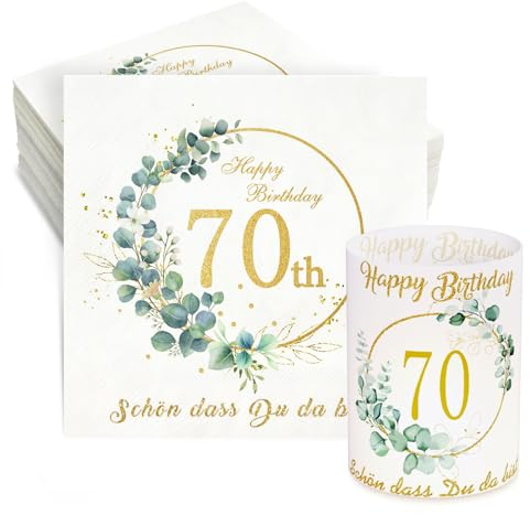 32 Eukalyptus Servietten 70. Geburtstag mit 8 Windlicht Tischdeko - Schön DASS Du Da Bist Deko für Frau und Mann - Windlichter Servietten Happy Birthday