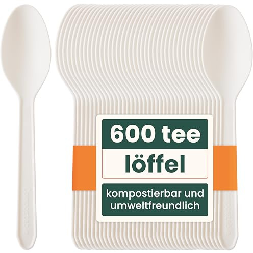HAAGO 600 Teaspoons Biodegradable Compostable Cutlery (White, 12.5cm) - Eco-Friendly Utensils for Coffee, Dessert, Ice Cream - Heavy Duty 100% All-Natural Materials