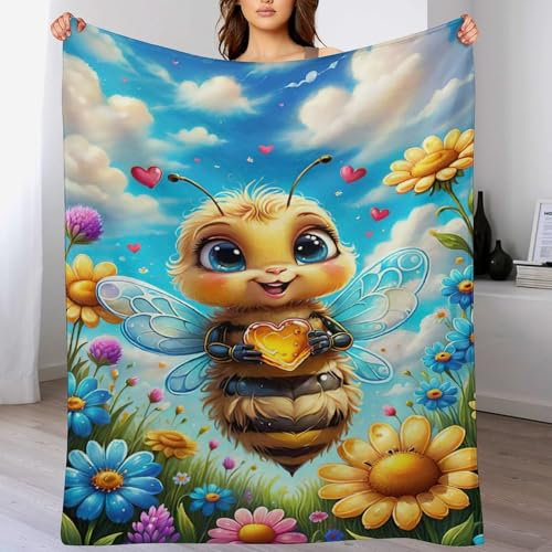 PAZZK Süße Biene Decke,Vier Jahreszeiten Weich Wohndecke Decke Schlafdecke Sofadecke Plüschdecke Pelzdecke Printdesign Couchdecke Flannel Bett Decke（180×200cm）
