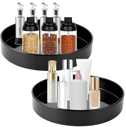 YAYODS 2 Stück 360° Drehteller Organizer - Drehteller Kühlschrank 25cm - Drehteller Küche Schwarz - Organizer Drehbar Küche - Lazy Susan Drehteller - Drehbares Tablett aus Stahl für Küchen, Bad, Büro