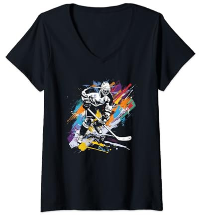Damen Eishockeyspieler Streetart Eissportler Eishockeyhelm T-Shirt mit V-Ausschnitt