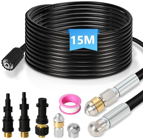 Vigevee Rohrreinigungsschlauch Set 15M, mit Düsen starr + rotierend, 3 Adapter, für handelsübliche Hochdruckreiniger, universelles Rohrreinigungs Set