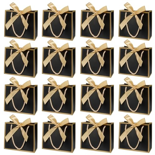 20 Mini Geschenktüten mit Henkel in Schwarz für Geburtstag und Hochzeit (14x6x12cm) - Kleine Taschen mit Goldenen Schleifen