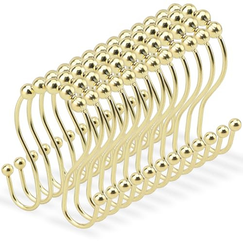 12 Anelli per Tende in Acciaio Inossidabile - Anelli per Tende con Ganci, 70×50 mm, Doppi Ganci con Sistema Scorrevole, Scivolamento Fluido, Adatti per Barre per Doccia, Stendibiancheria e Tende (Oro)