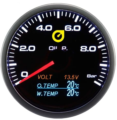 4in1 Öldruck Auto Anzeige bar 60mm Anschluss 1/8NPT Gewinde Rauchglas Öltemperatur Volt Wassertemperatur °C Gauge Multifunktion TT A3 1013107