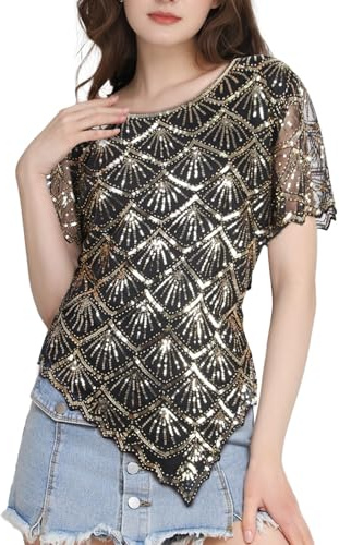 Vijiv Women's Chic Sequin Beaded Top Shimmer Glitter Blouse Fish-Scale Bell Sleeve Irregular Hem Formal Gatsby Shirt Black