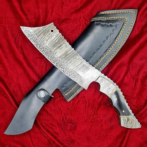 CRAFTOMATIK Damast Stahl Hackmesser | Chef Hackbeil Küchenbeil | Metzger Fleischerbeil | Büffelhorn Griff | KC07