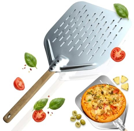 Yuiturt Pizzaspade, Aluminiumlegering, Pizzaspade, 39,5 x 30 cm, Perforerad, Avtagbart Handtag (Silver)