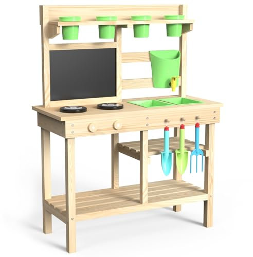 Cedar Wood Outdoor Play Kitchen for Kids, Mud Kitchen with Water Faucet, Dual-Sided Chalkboard, Storage Shelves, Cups, Removable Sink, and Pretend Stove – Backyard Toddler Playset for Boys and Girls