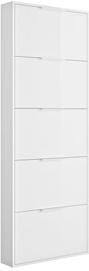 AVANTI TRENDSTORE - Paciano - Schuhschrank aus laminiertem Holz in der Farbe Weiß Hochglanz mit 5 Klappfächern Maße LAP ca. 65x173,5x15 cm