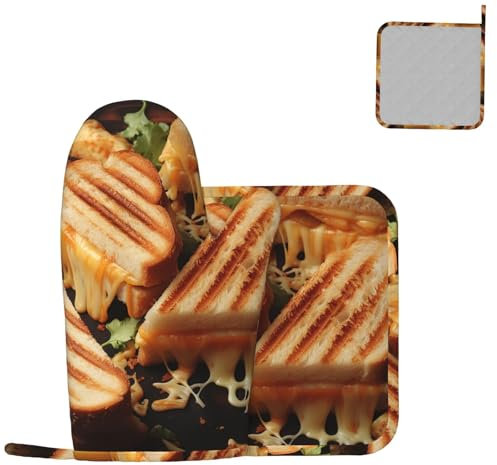 2 Pcs Oven Mitts and Pot Holders Set Cheese Sandwiches BBQ Gloves Heat Resistant Potholders Non-Slip Cooking Gloves Thicken Long Kitchen Oven Glove for Grill Baking Microwave