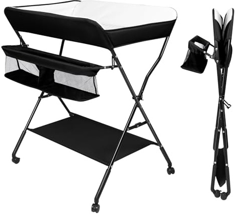 Homewell Baby Wickelkombi, Baby Klappbar Wickelkommode, 4 Höhenverstellbar, Wasserdicht Stoffqualität, mit Rollen und Ablagefächern, 86 * 62 * 98-104cm