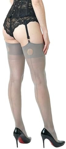 Fully Fashioned Nylon Stockings, Seamed Cuban Heel, Keyhole Welt, Grey, M/L