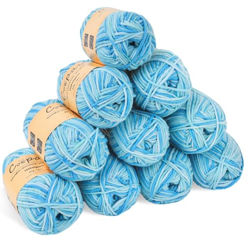 Coopay Wolle zum Häkeln, Farbverlauf Häkelgarn 10x45g, Wolle zum Stricken, Weiche Bunt Milchfaser Baumwolle zum Häkeln, 5-Fädig, Schöne Häkelwolle für Schal, Socken, Babykleidung, Puppe - Lake Blue