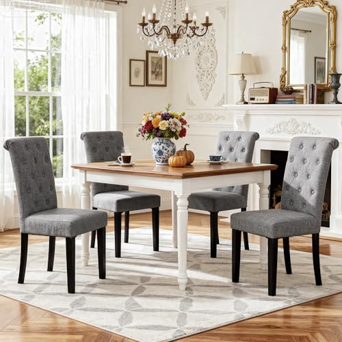 BonVache Esszimmerstühle 4er Set, Küchenstuhl Polsterstuhl mit hoher Rückenlehne, Beine aus Massivholz, Leinenoptik Gepolsterte Sitzfläche für Esszimmer, Wohnzimmer, Arbeitszimmer, Dunkelgrau