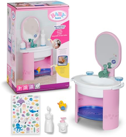 Baby Born Handwaschbecken, Puppenwaschtisch für 36cm und 43cm Puppen inkl. Zahnbürste und Seifenspender, funktioniert mit Wasser, Keine Batterien benötigt