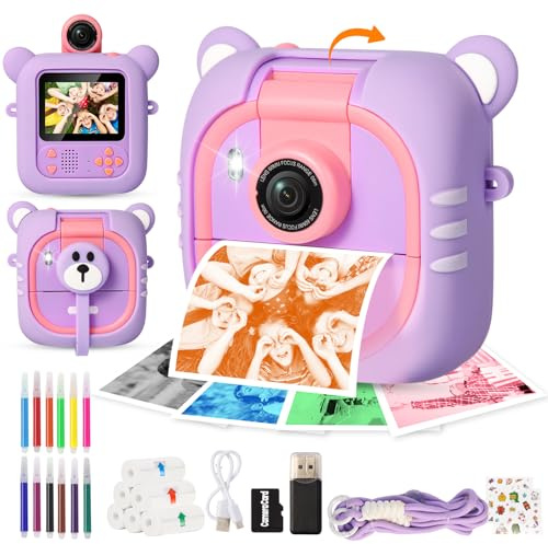 ARNSSIEN Kinderkamera Sofortbildkamera Kinder Farbdruck mit 180°Flip&2,4'' | 1080P HD Digitalkamera,7 Papier (4x Farbe:O/R/G/B + 3x SW). Für 3-12 Jahre Jungen Mädchen Festival Geburtstag Geschenk,M2
