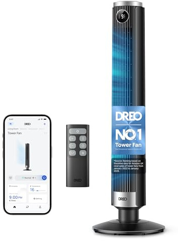 DREO Smart Tower Fan for Bedroom, 40”-45” Adjustable Height, 28 ft/s Velocity, DC Motor, 9 Speeds, 4 Modes, 90°Oscillating, Standing Fan, 20dB Quiet, 12H Timer for Home, Office, Google/Alexa, Black